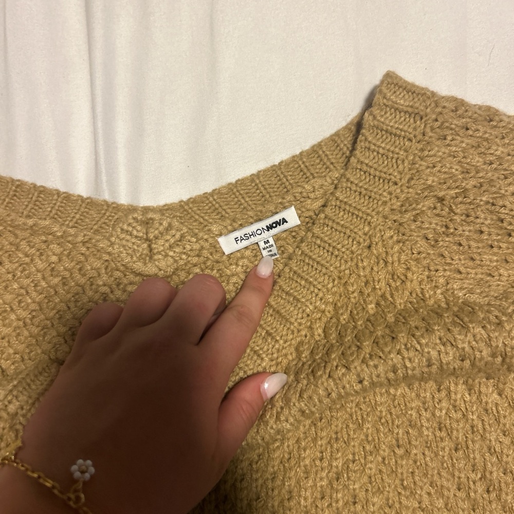 Fashion Nova Tan Crew Neck Sweater with Textured Knit